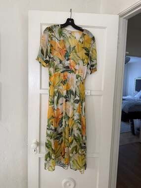 H&M Chiffon Yellow Lemon Lily Floral Midi Tea Dress
